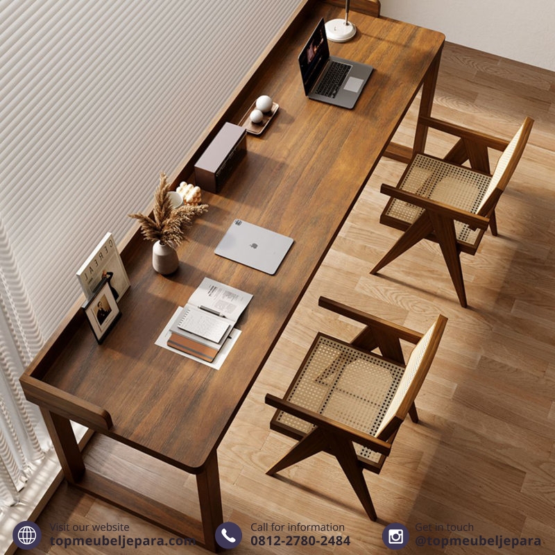Meja Kerja Jati Solid Persegi Panjang - Image 8